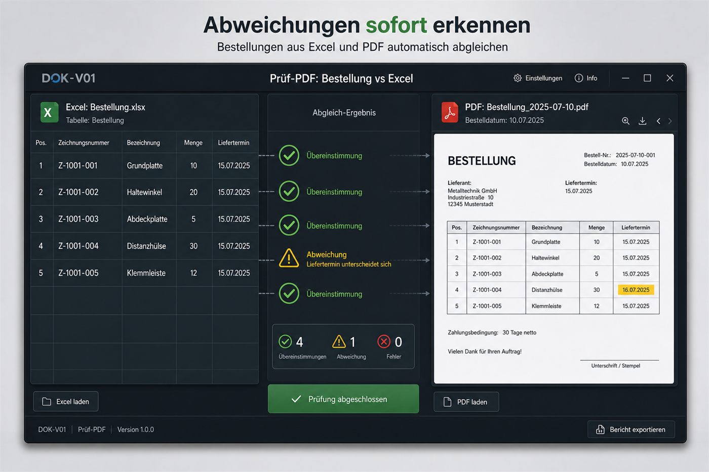 Prüfansicht: Excel-Bestellung im Vergleich zur Bestell-PDF