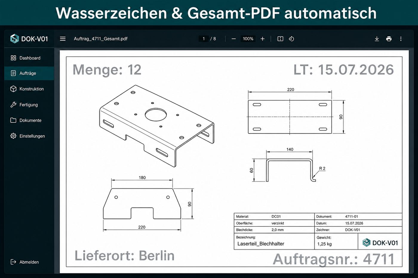Technische Zeichnung mit automatisch gesetzten Wasserzeichen
