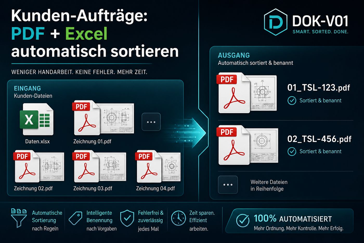Workflow von unsortierten Kundendateien zu sortierten Auftrags-PDFs
