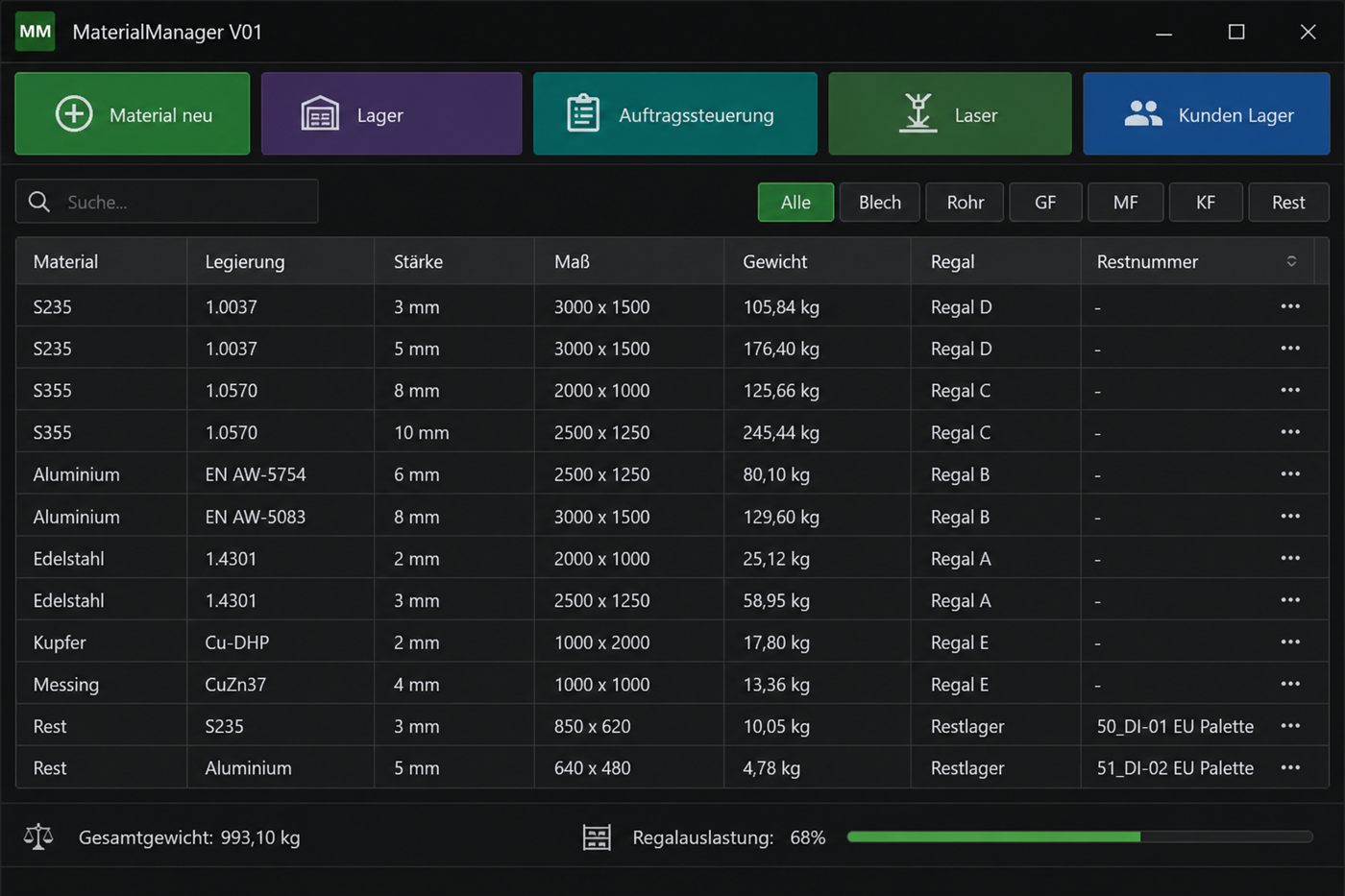 Hauptfenster der App MaterialManager
