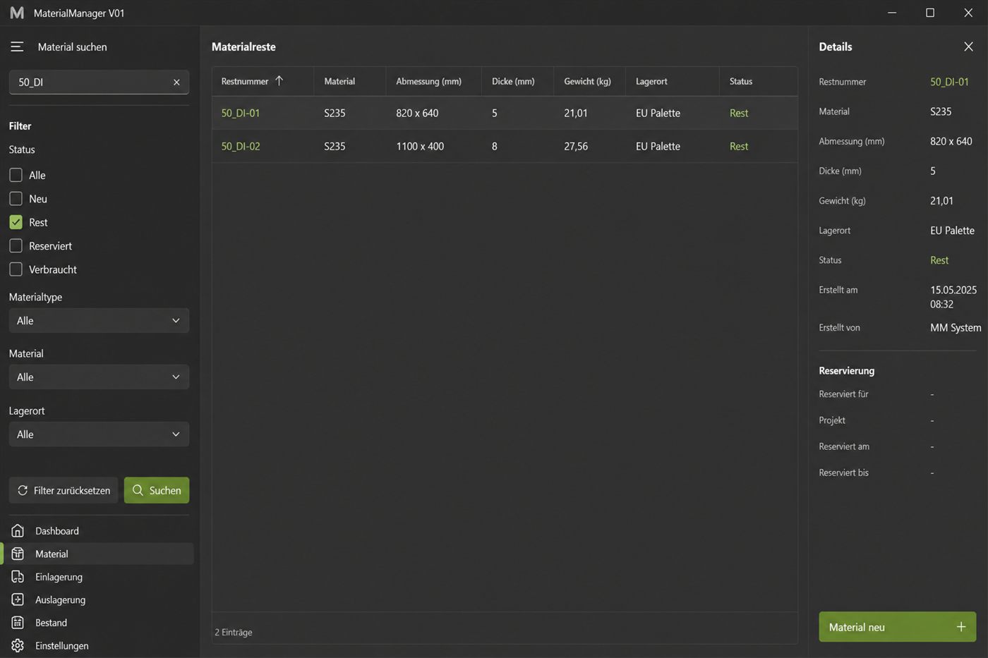 Restesuche im MaterialManager