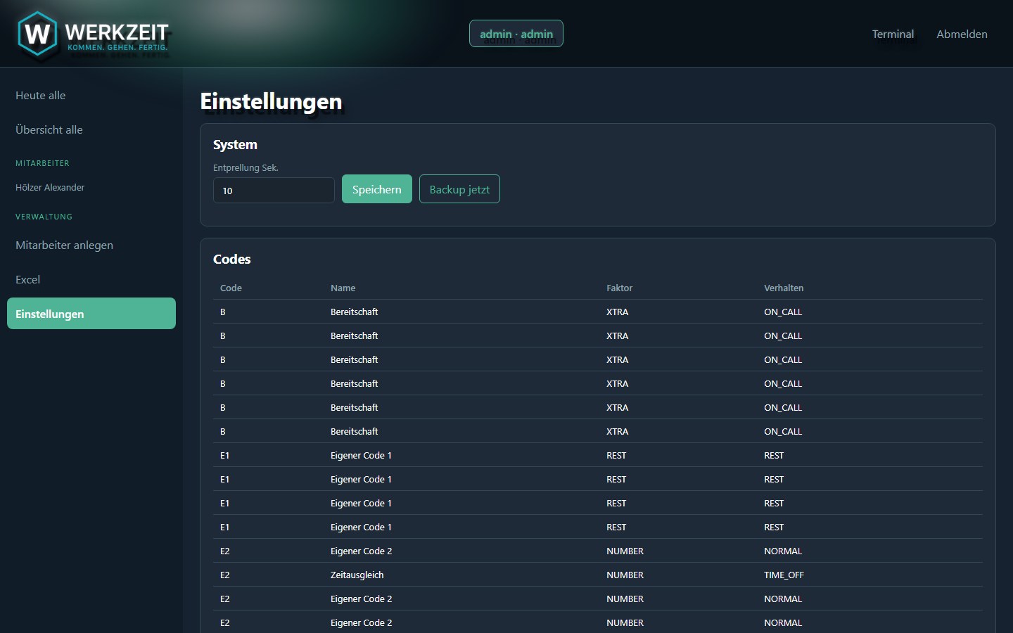 Einstellungen mit Codes und Backup-Liste