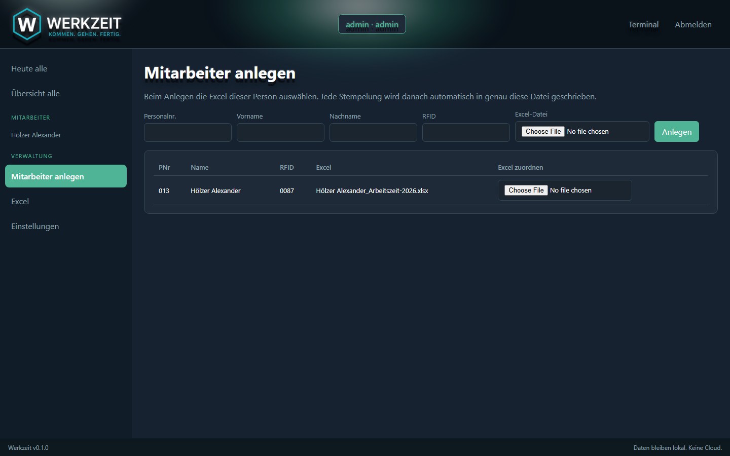 Formular zum Anlegen von Mitarbeitern mit Excel-Zuordnung